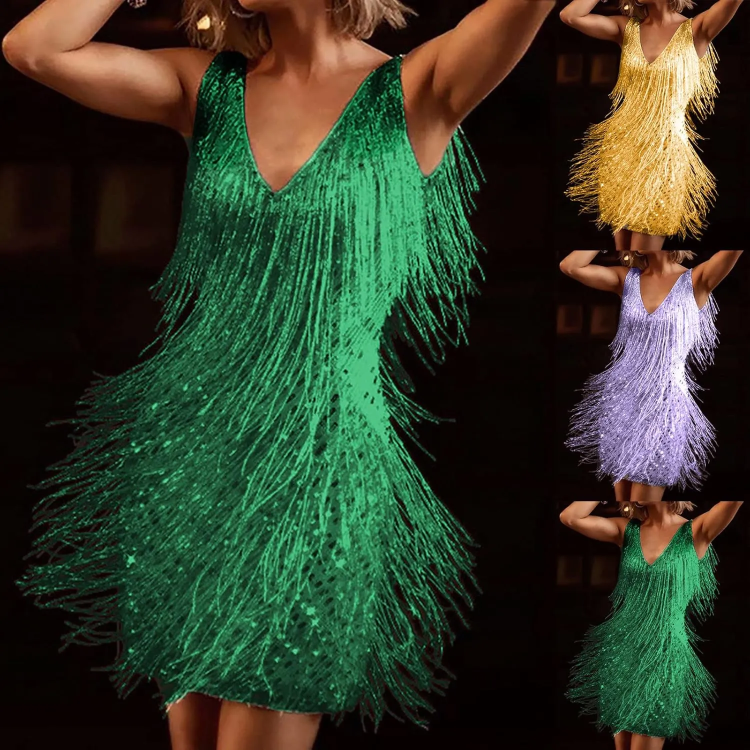 Womens Fringe Dress Spaghetti Strap Sleeveless Tassel Sling Dress Sexy V Neck Backless Cocktail Party Mini Dress