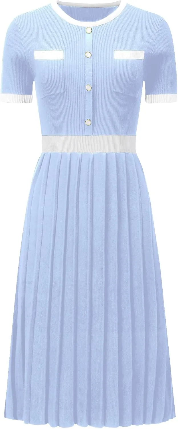 Women's Pleated Sweater Dress Ribbed Contrast Color Elegant Dress