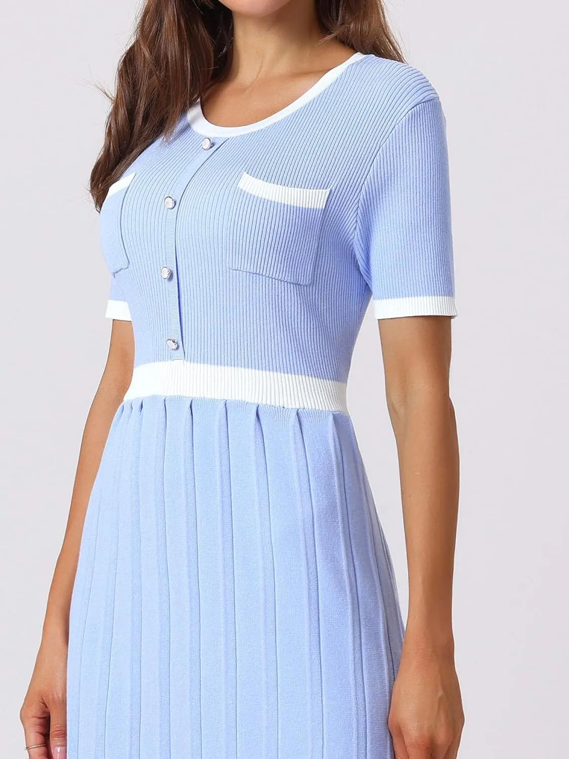 Women's Pleated Sweater Dress Ribbed Contrast Color Elegant Dress