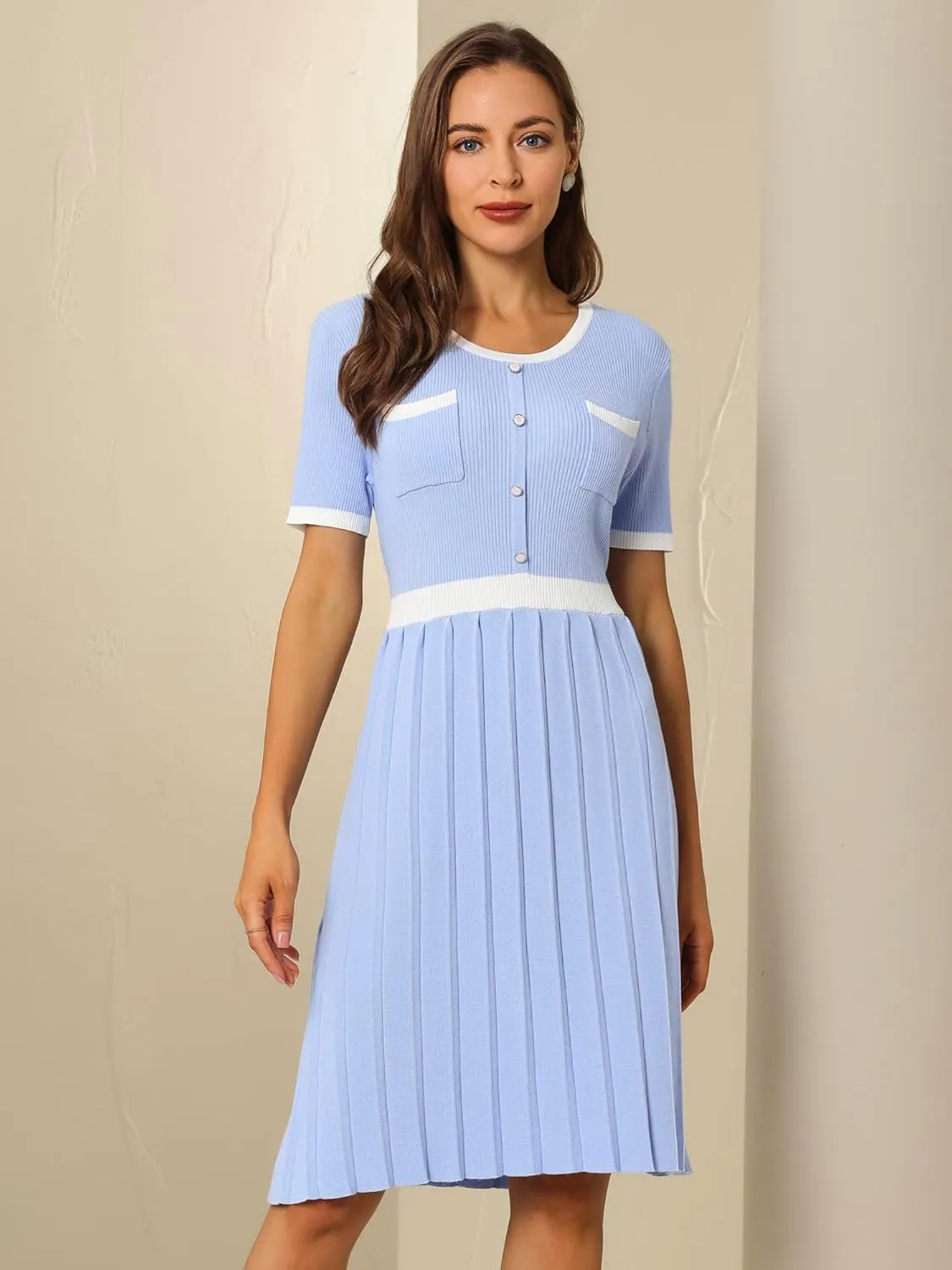 Women's Pleated Sweater Dress Ribbed Contrast Color Elegant Dress