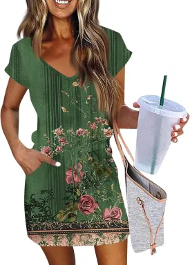 Womens Summer Dress Short Sleeve V Neck Sundresses for Women 2025 Casual Drawstring A-Line Mini Dresses with Pockets
