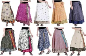 Wrap Around Skirt Wholesale Lot of 10 Pcs Printed Reversible Two Layer Long Indian Vintage Sari Skirts Multicolor