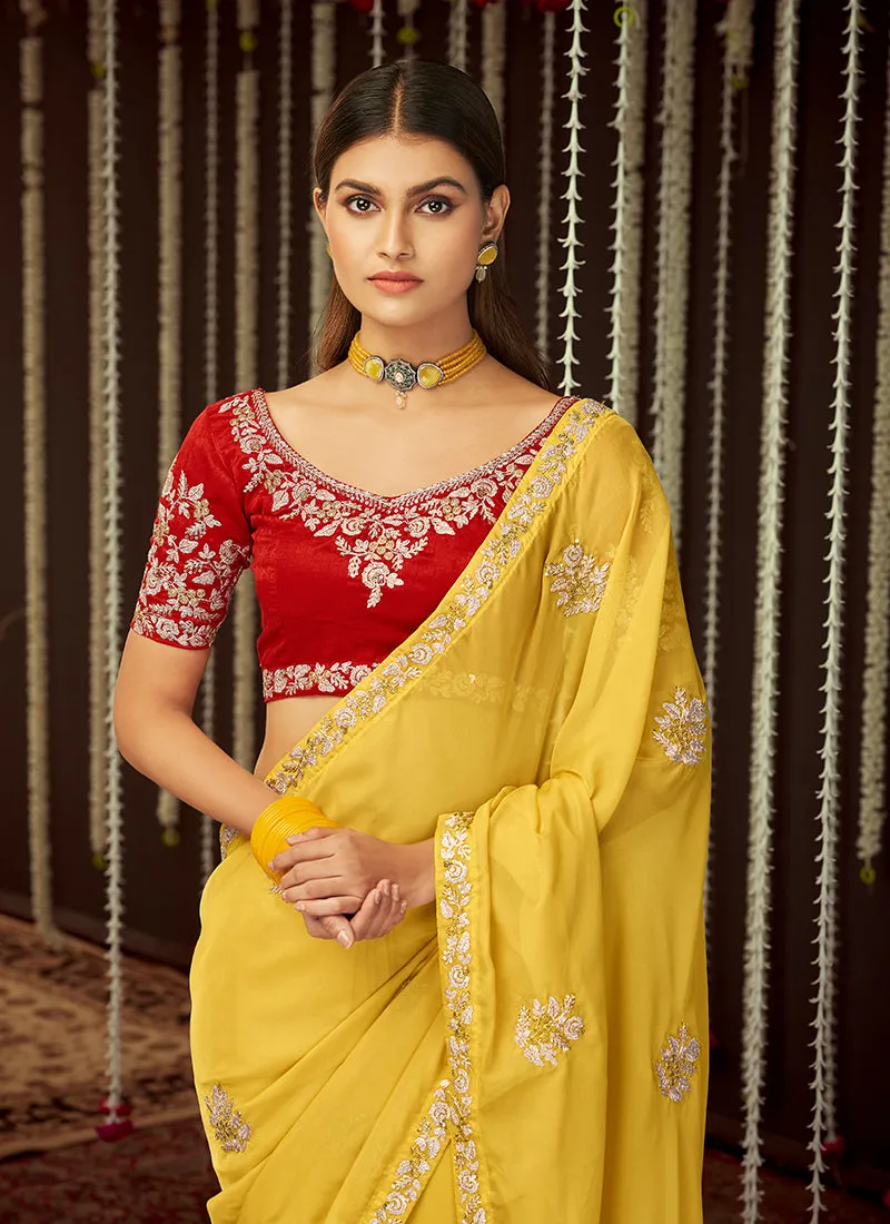 Yellow And Red Embroidered Organza Silk Saree
