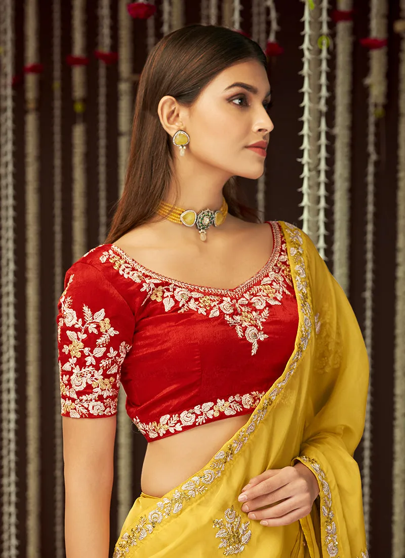 Yellow And Red Embroidered Organza Silk Saree