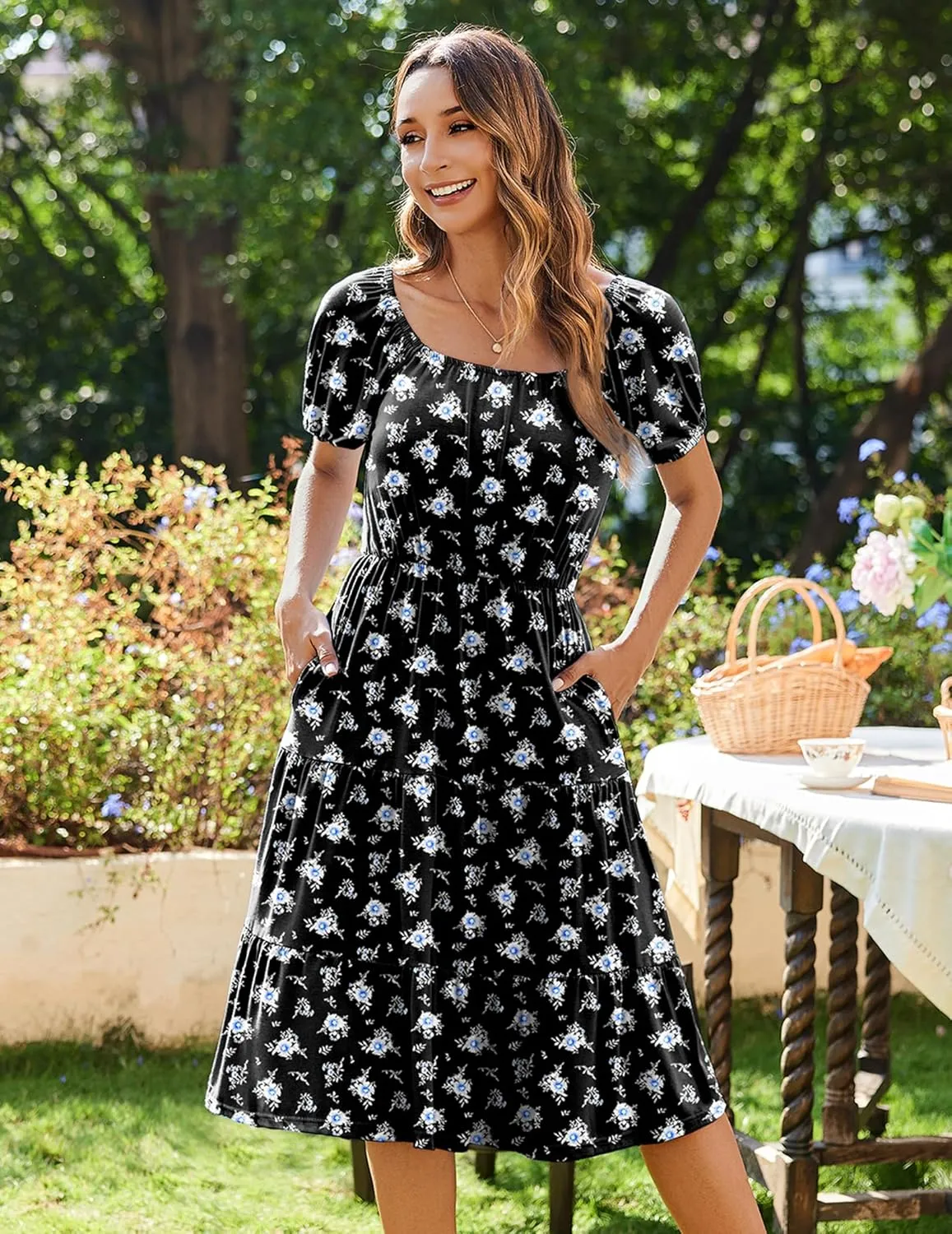 Zeagoo Women's Summer Dress Casual Puff Sleeve Square Neck Midi Dresses Tiered Beach Vacation A-Line Sundress with Pockets