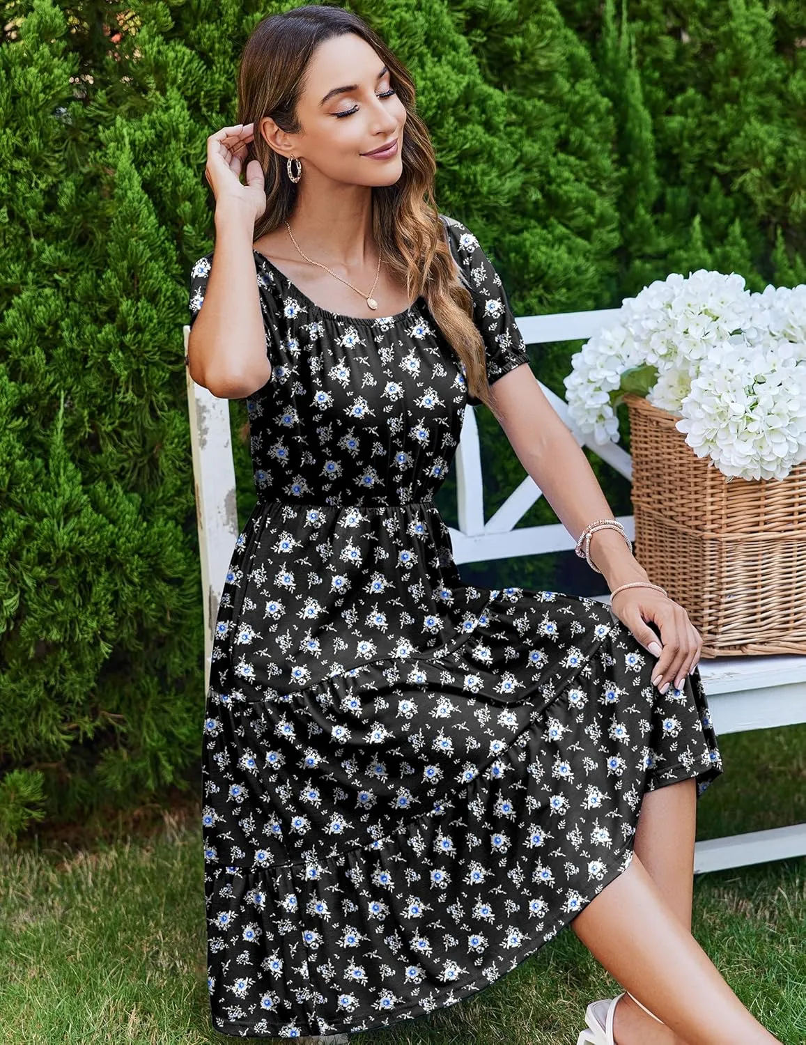 Zeagoo Women's Summer Dress Casual Puff Sleeve Square Neck Midi Dresses Tiered Beach Vacation A-Line Sundress with Pockets