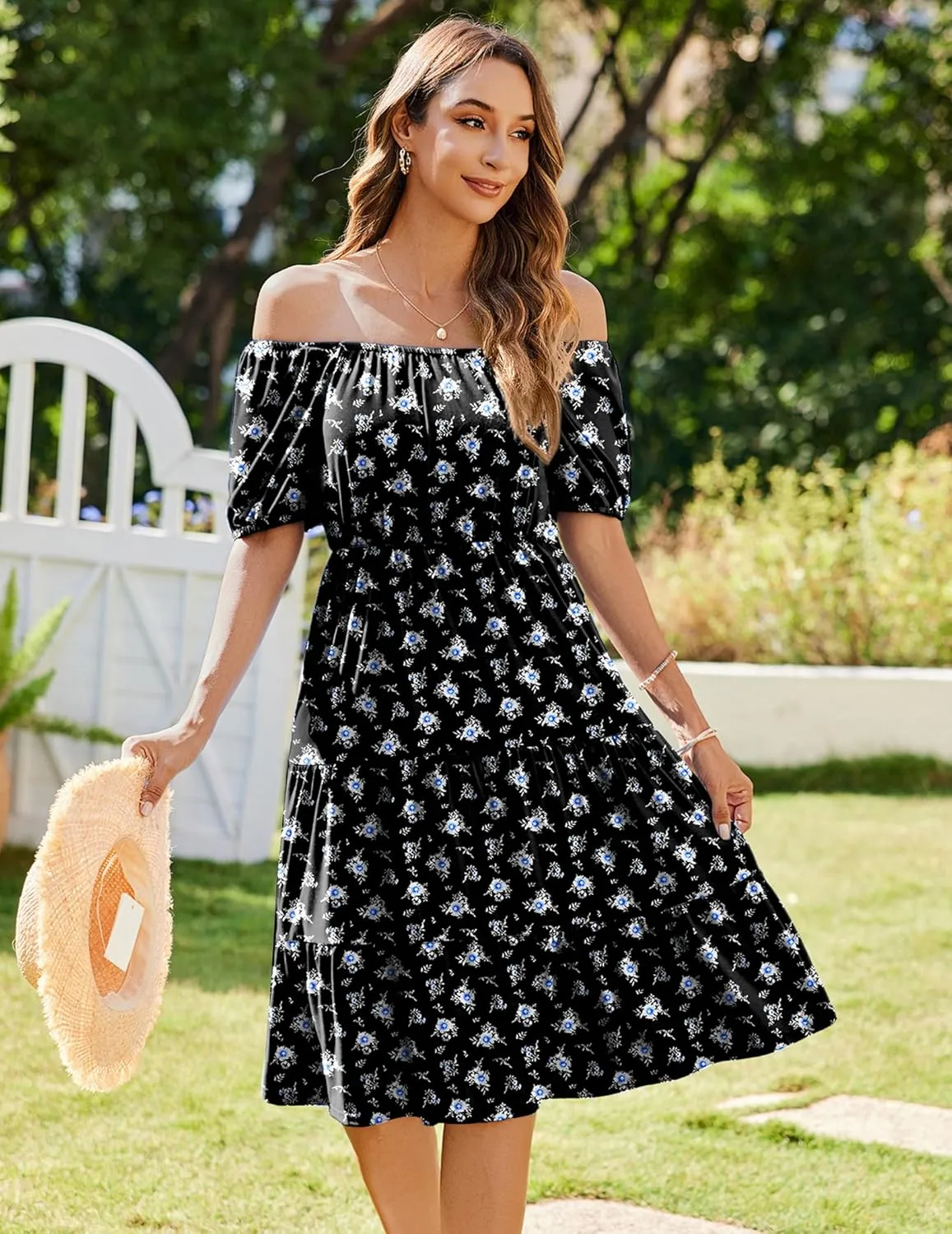 Zeagoo Women's Summer Dress Casual Puff Sleeve Square Neck Midi Dresses Tiered Beach Vacation A-Line Sundress with Pockets