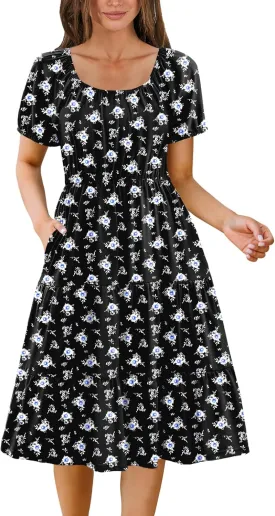 Zeagoo Women's Summer Dress Casual Puff Sleeve Square Neck Midi Dresses Tiered Beach Vacation A-Line Sundress with Pockets