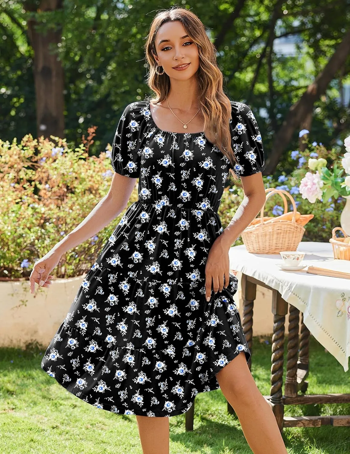 Zeagoo Women's Summer Dress Casual Puff Sleeve Square Neck Midi Dresses Tiered Beach Vacation A-Line Sundress with Pockets